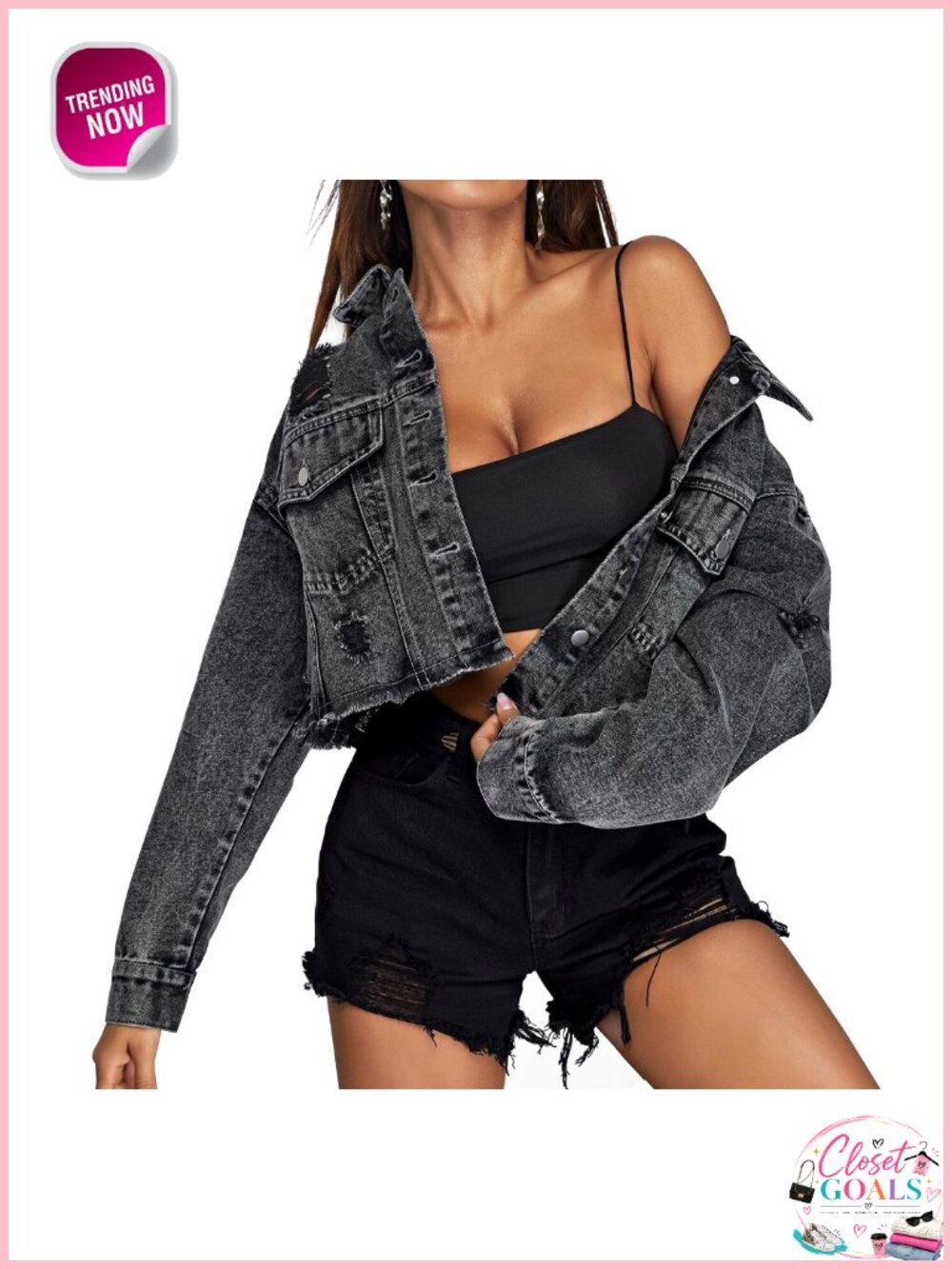 Cropped Distressed Denim Jacket Button-Down Ripped Frayed - Picture 6 of 6